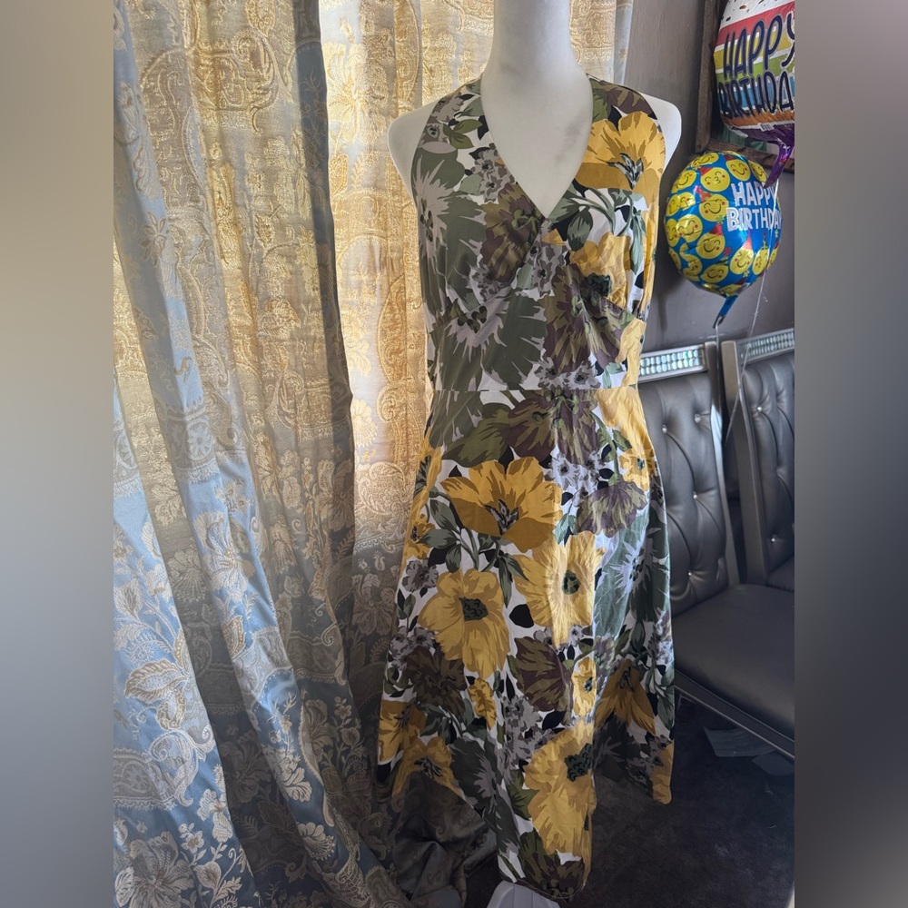 karin stevens Yellow & Green Floral V-Neck Midi Dress